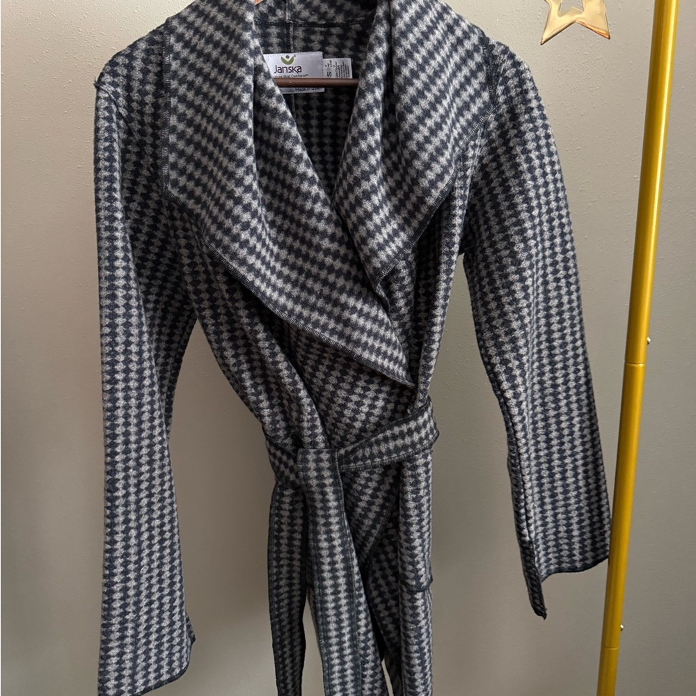 Janska Wool Blend Houndstooth Wrap Coat Belted Jacket Made USA Size S